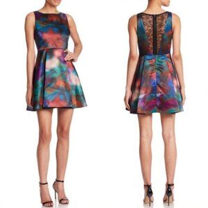 Alice and Olivia Sz 6 Bellia dress in colorful jewel tone watercolor effect.